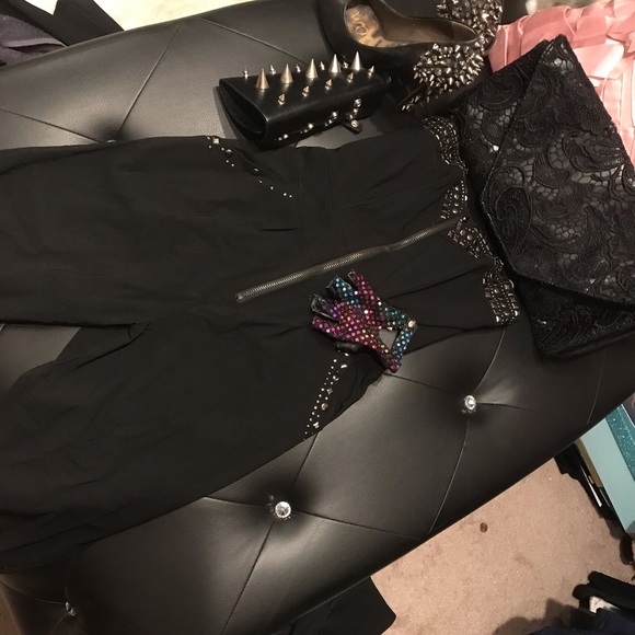 Black studded jumpsuit/zipper front - Picture 3 of 8